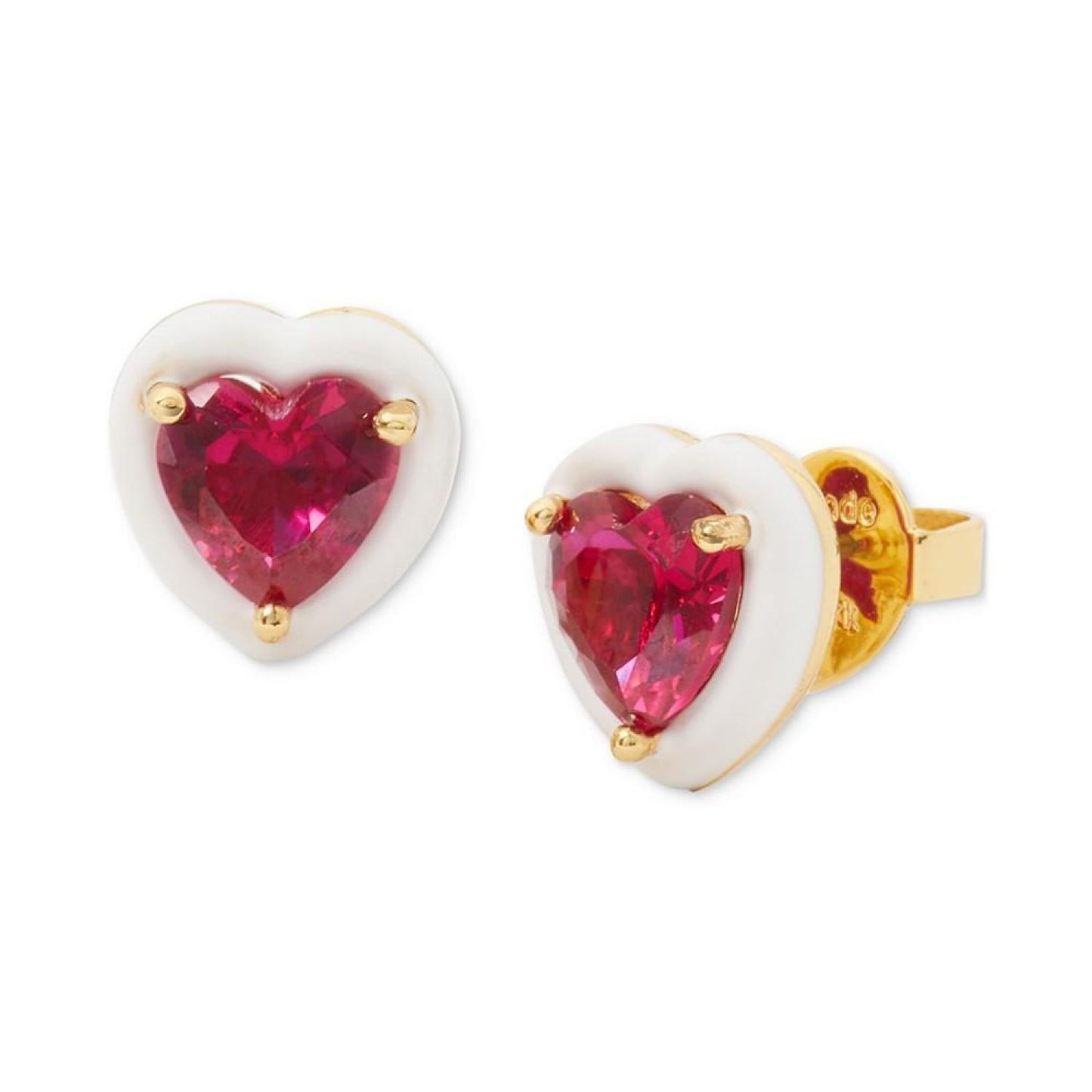 Gold-Tone White-Framed Red Crystal Heart Stud Earrings