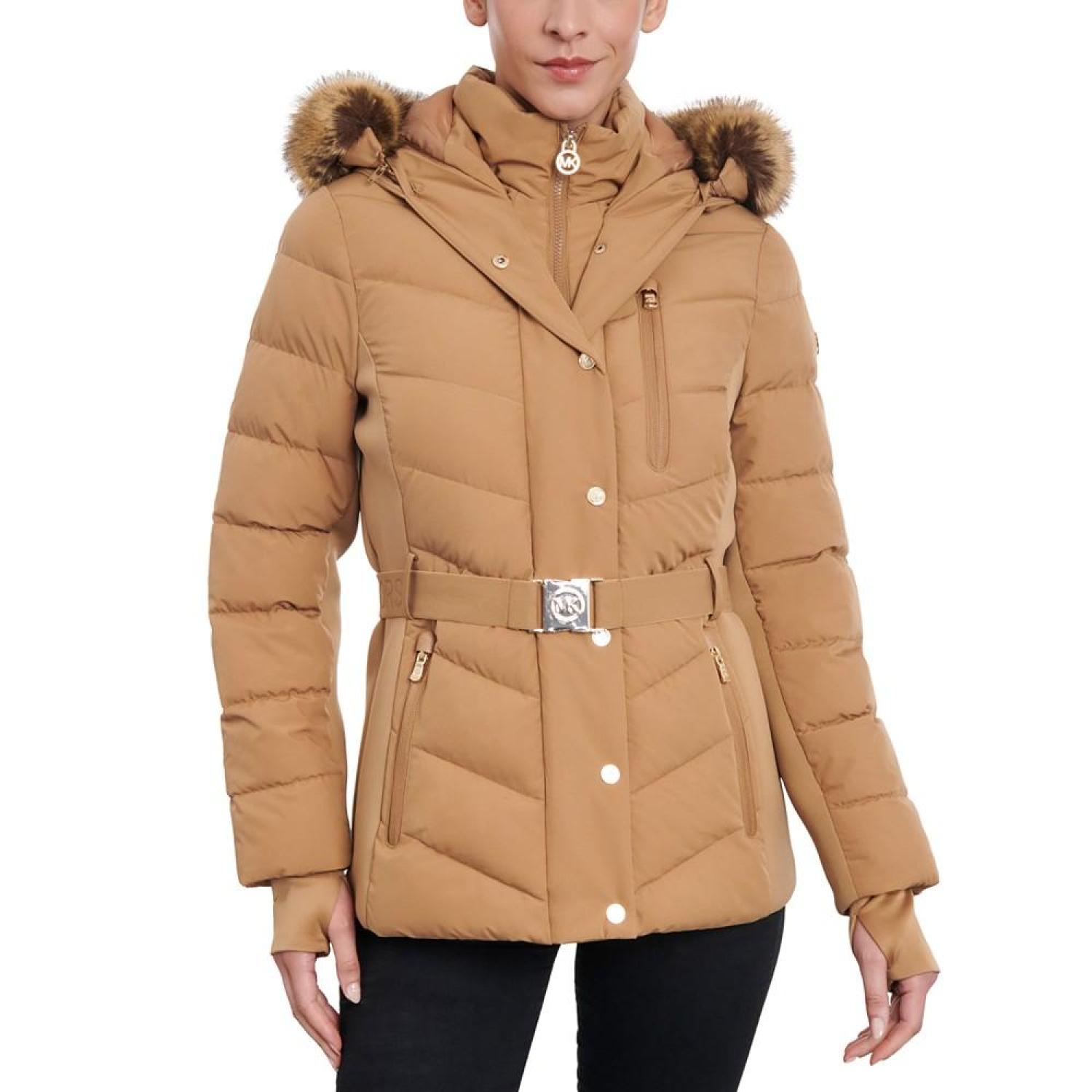 Fur trim hooded puffer cheap coat