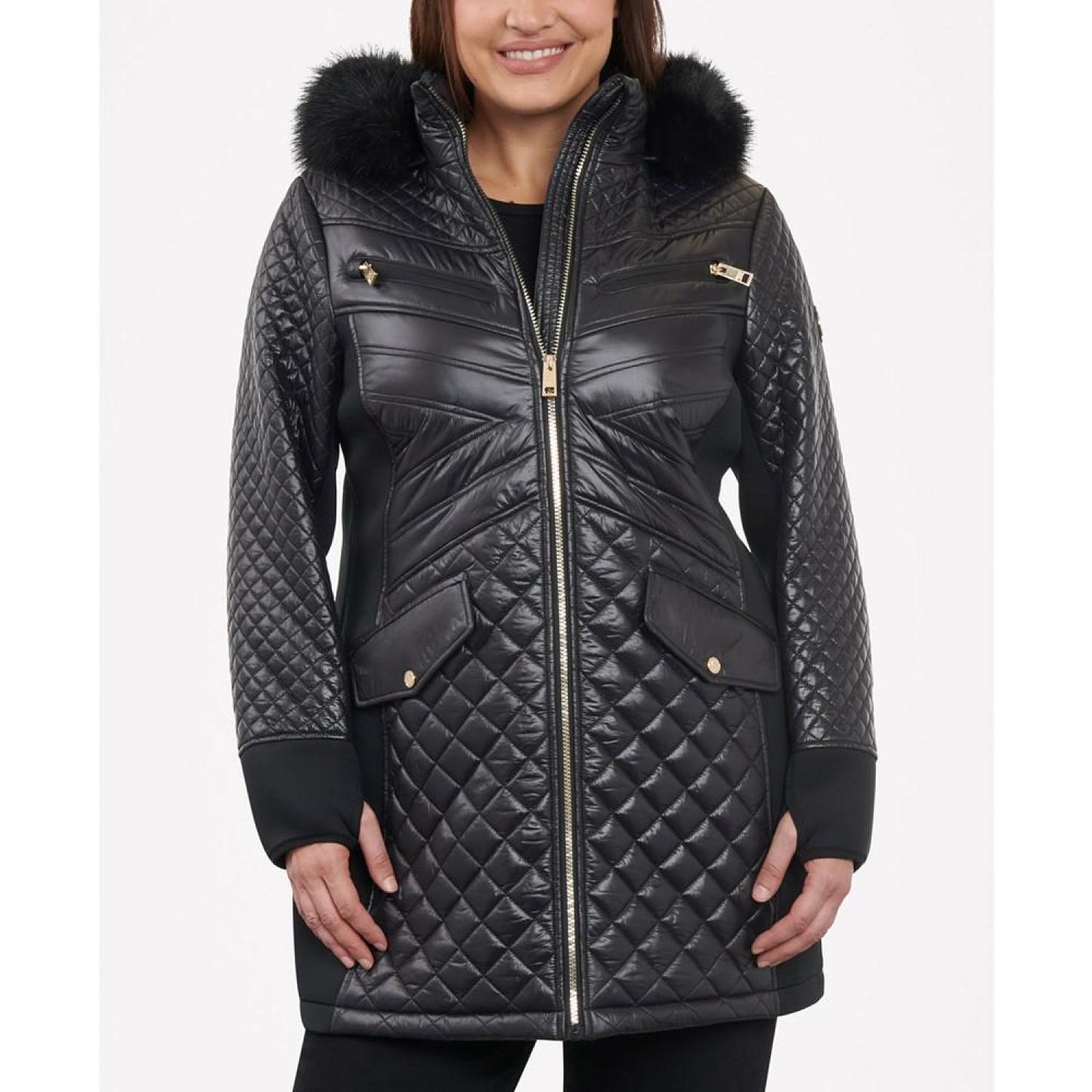 Women's Plus Size Faux-Fur-Trim Hooded Quilted Coat