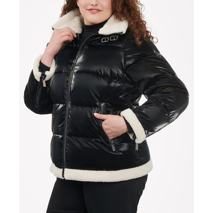 Women's Plus Size Faux-Shearling Shine Puffer Coat, Created for Macy's