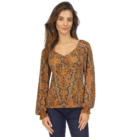 Women's Paisley Ruched Ruffled-Cuff Top