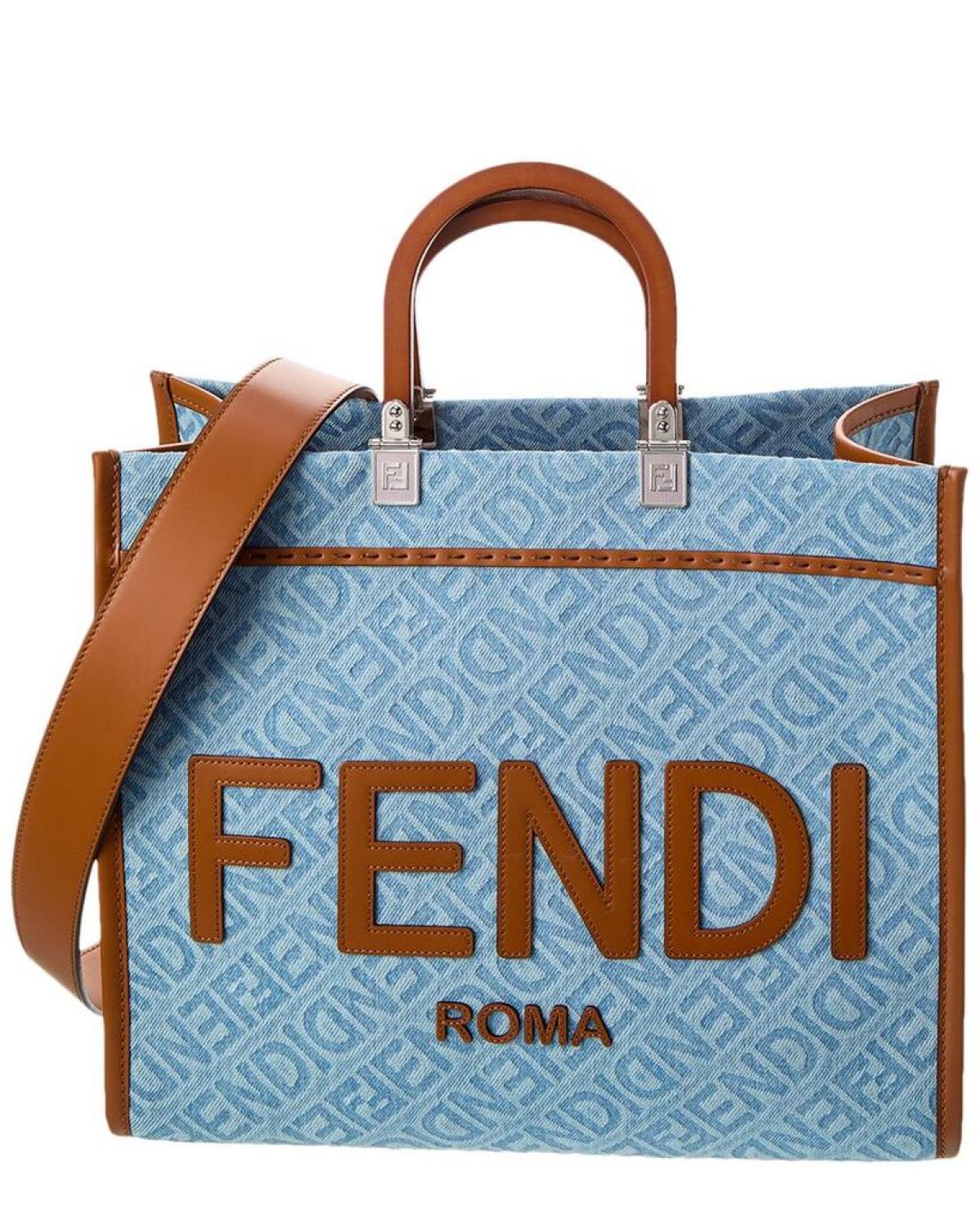 FENDI Sunshine Medium Denim & Leather Tote