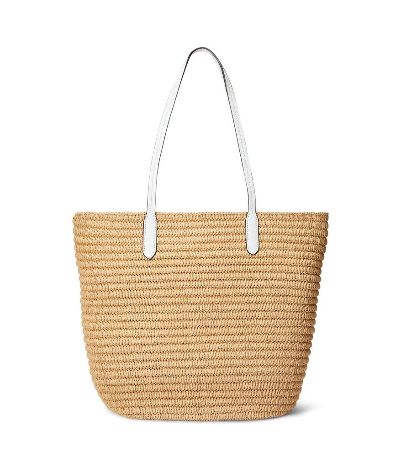 Brie Leather-Trim Straw Medium Tote Bag