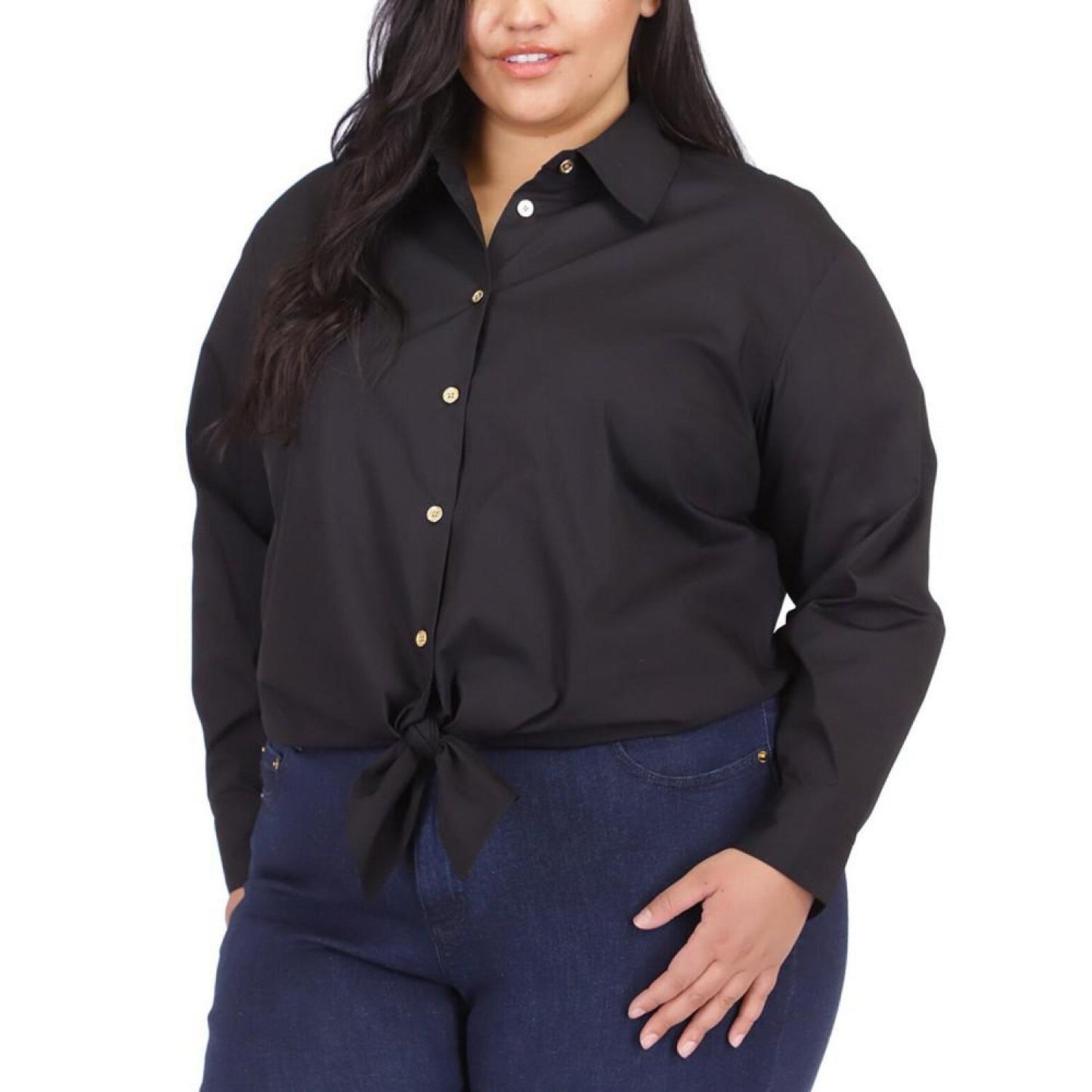 Plus Size Tie-Waist Cotton Button-Up Shirt