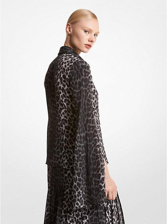 Leopard Silk Crepe De Chine Slit-Sleeve Shirt