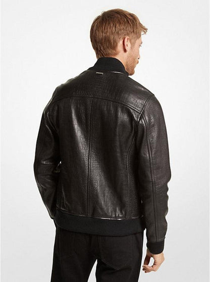 Crocodile Embossed Leather Bomber Jacket