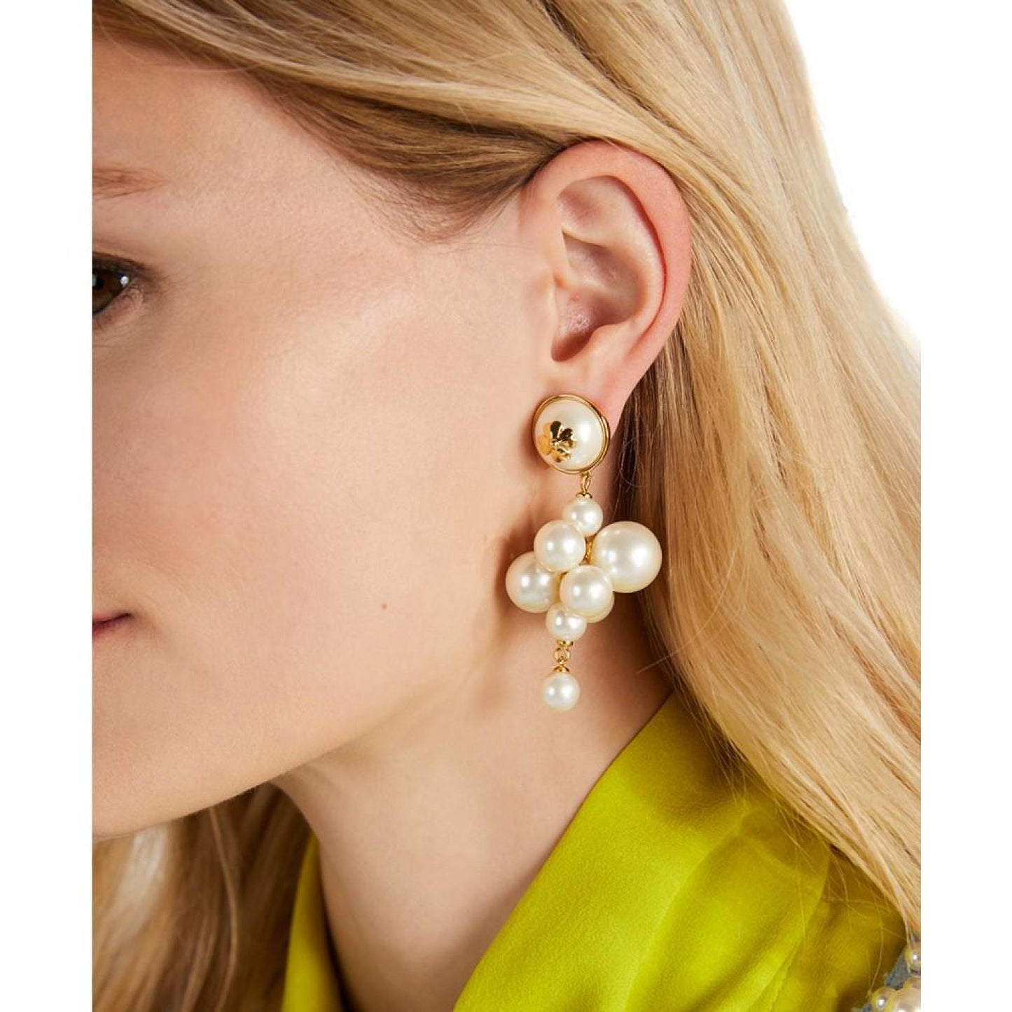 Gold-Tone Spade Flower Emblem Imitation Pearl Cluster Drop Earrings