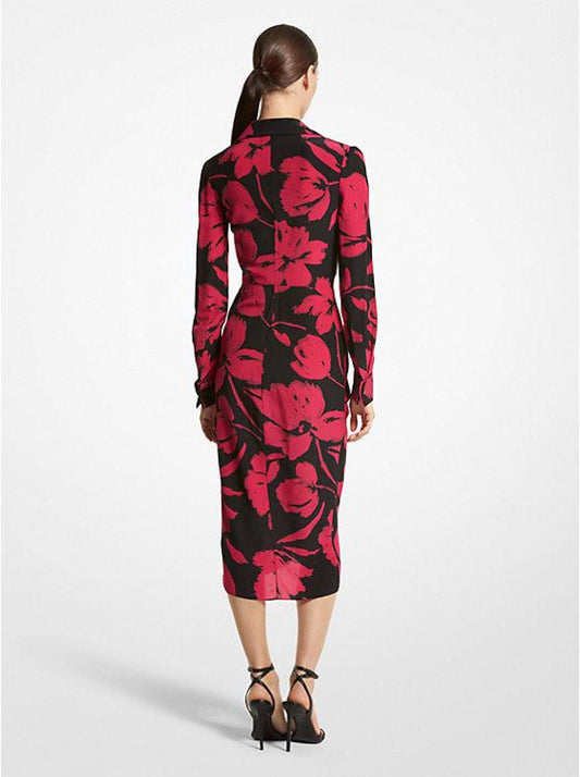 Brushstroke Floral Silk Crepe De Chine Plunge Shirtdress