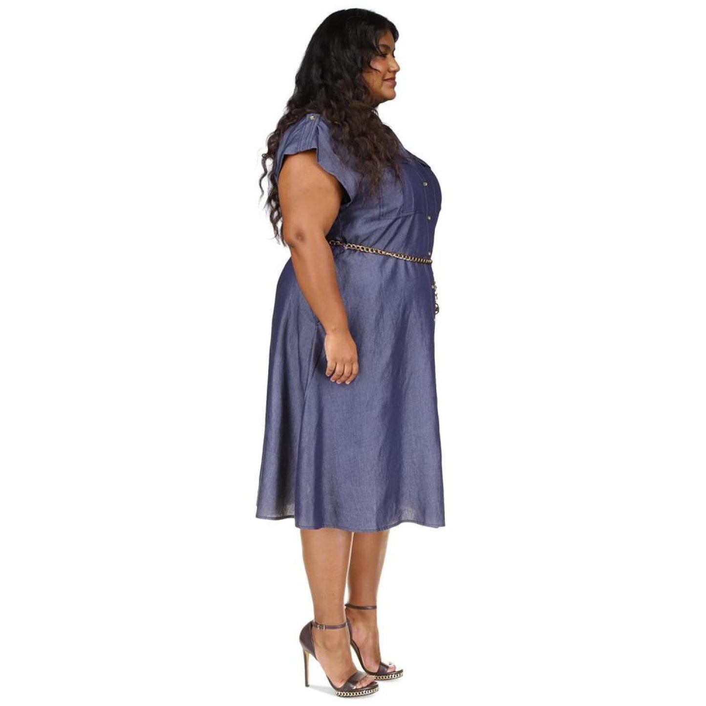 Plus Size Chain-Belt Classic Twill Button-Front Dress