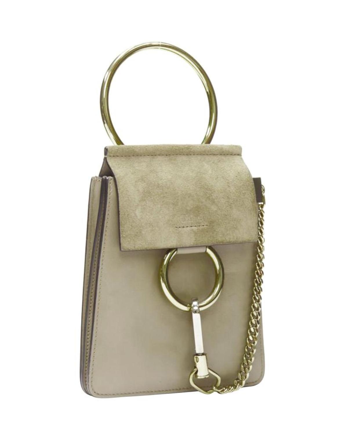 CHLOE Faye gold bangle bracelet ring chained crossbody grey suede leather bag