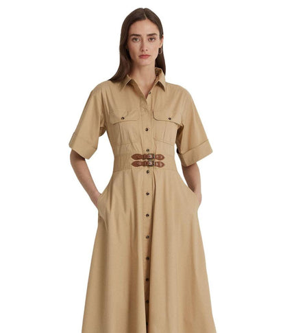 Buckle-Trim Cotton-Blend Shirtdress