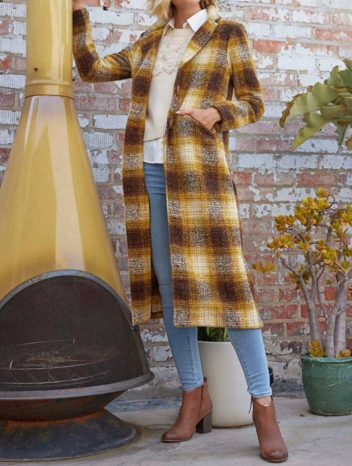 Longline Plaid Coat In Yellow Plaid