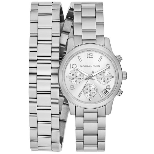 Women's Runway Chronograph Silver-Tone Stainless Steel Double Wrap Bracelet Watch 34mm