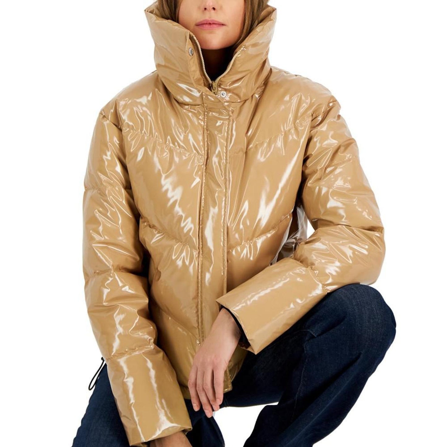 Women's Convertible-Collar Glossy Puffer Jacket