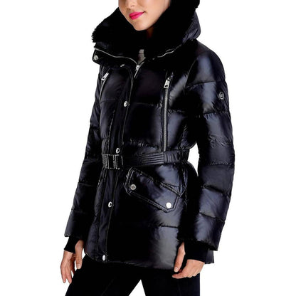 Belted Faux Fur Collar Quilted Coat Jacket In Black