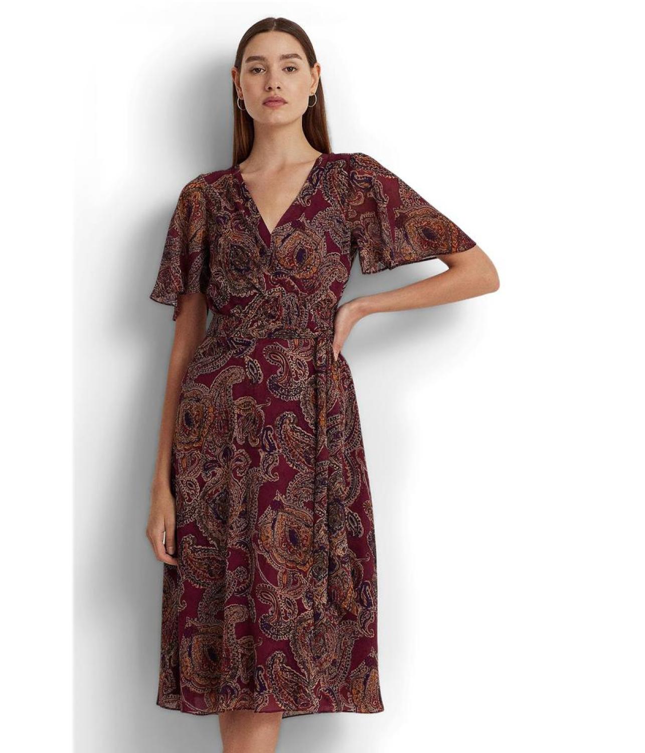 Paisley Crinkle Georgette Flutter-Sleeve Dress