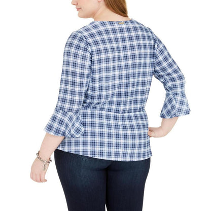 Plus Womens Plaid V-Neck Blouse