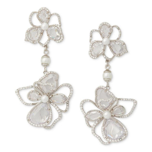 Silver-Tone Cubic Zirconia & Imitation Pearl Flower Double Drop Earrings