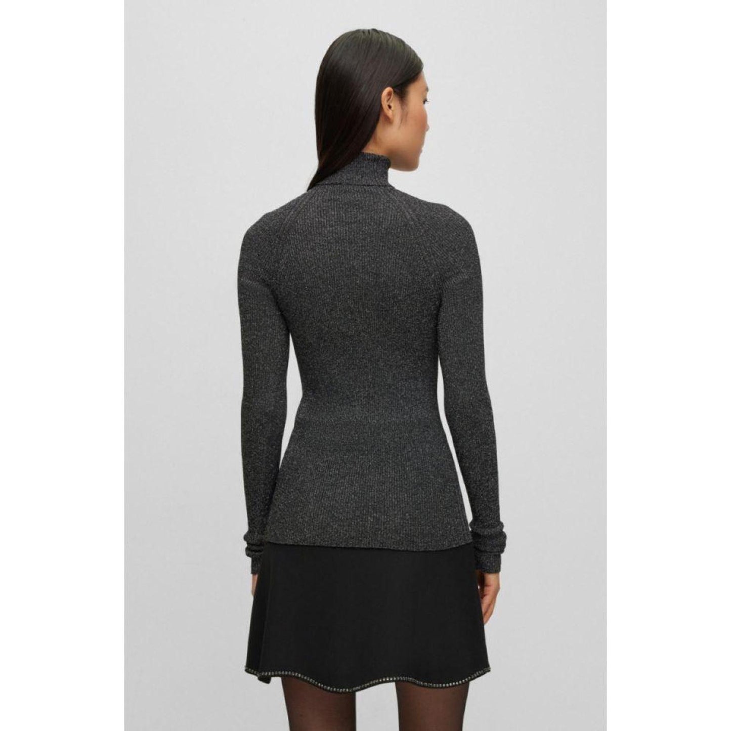 Ribbed sweater in metalized fabric with mock neckline