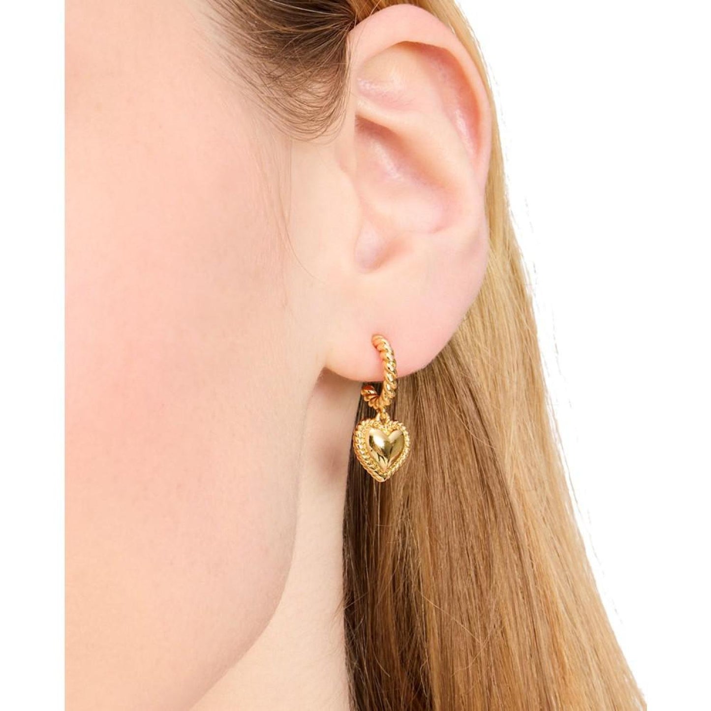 Gold-Tone Twisted Frame Heart Charm Hoop Earrings