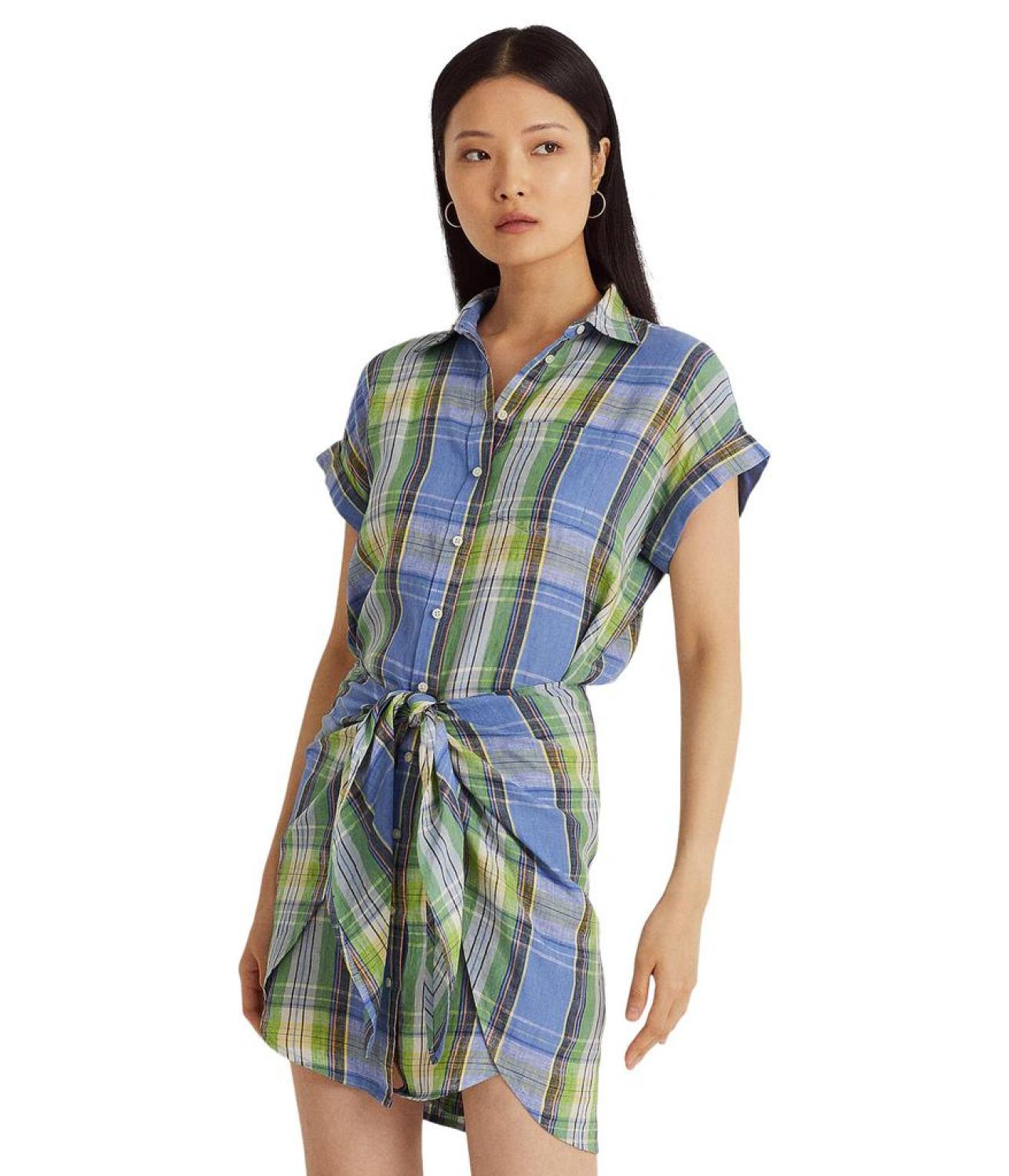 Petite Plaid Tie Front Linen Shirtdress