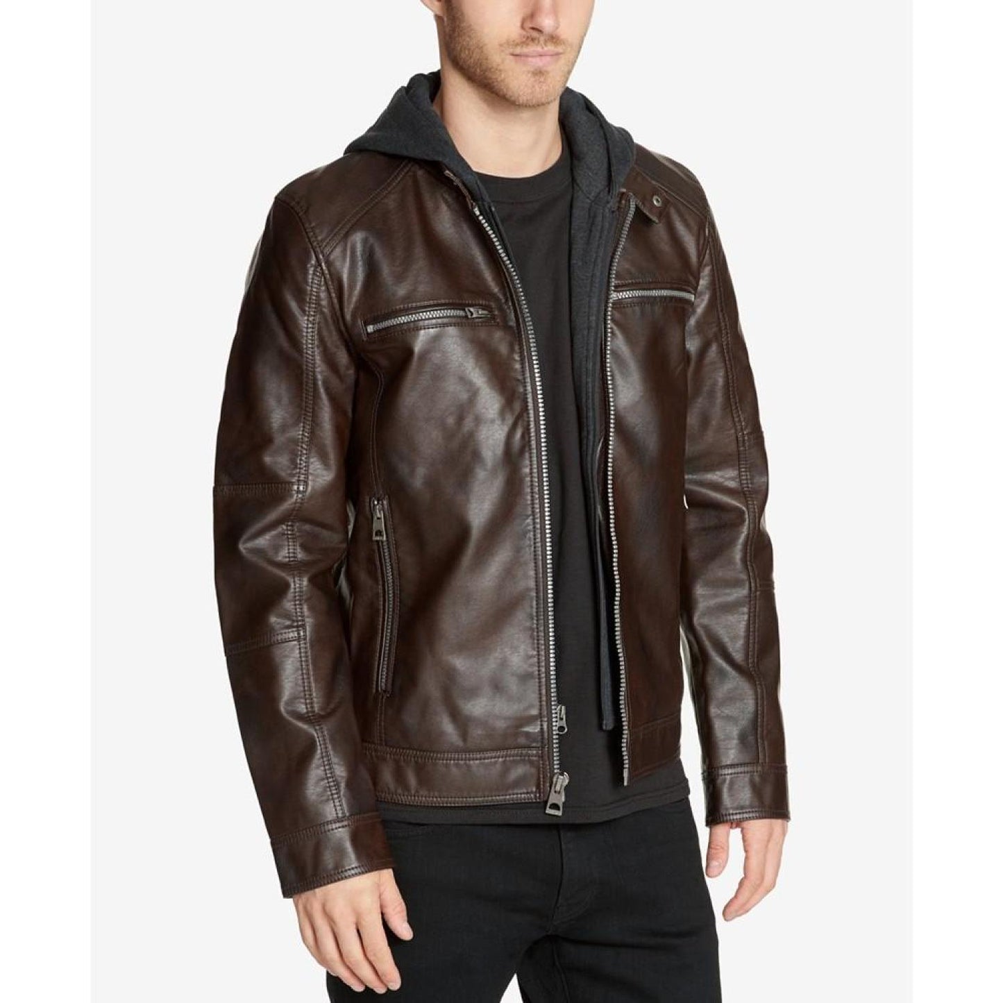 Men's Faux-Leather Detachable-Hood Motorcycle Jacket