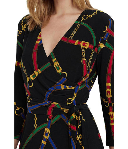 Belting-Print Surplice Jersey Dress