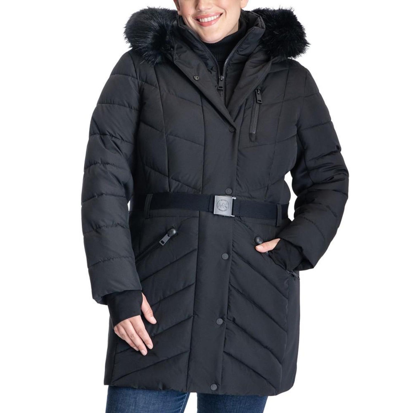 Women's Plus Size Belted Faux-Fur-Trim Hooded Puffer Coat, Created for Macy's