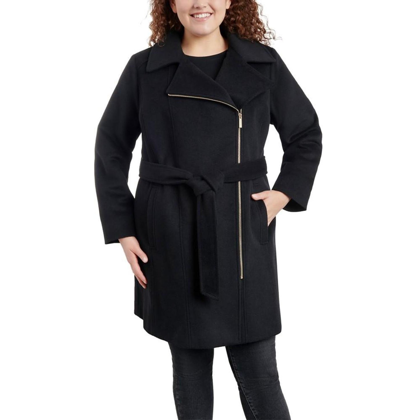 Women's Plus Size Asymmetric Belted Wrap Coat