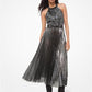 Leather Trim Sequined Tulle Dress