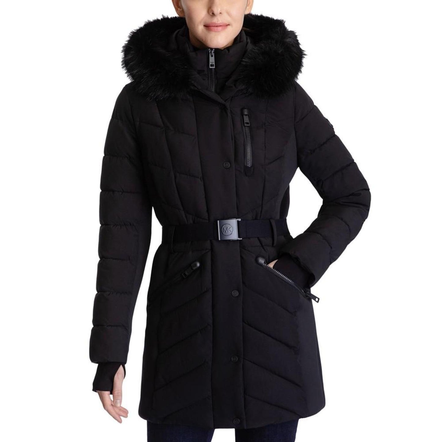 Women's Belted Faux-Fur-Trim Hooded Puffer Coat