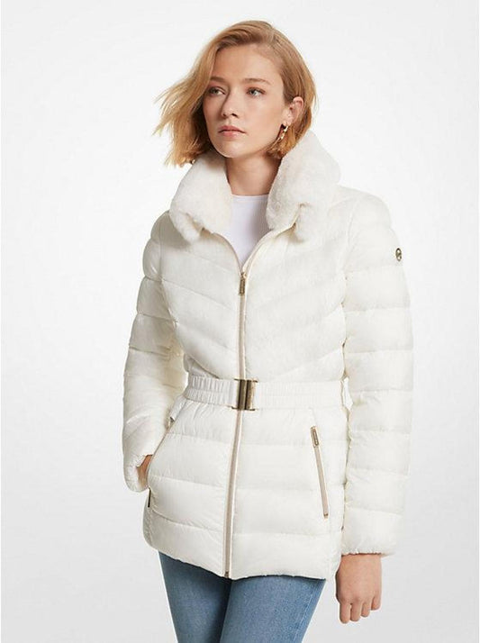 Faux Fur Trim Quilted Nylon Packable Puffer Jacket