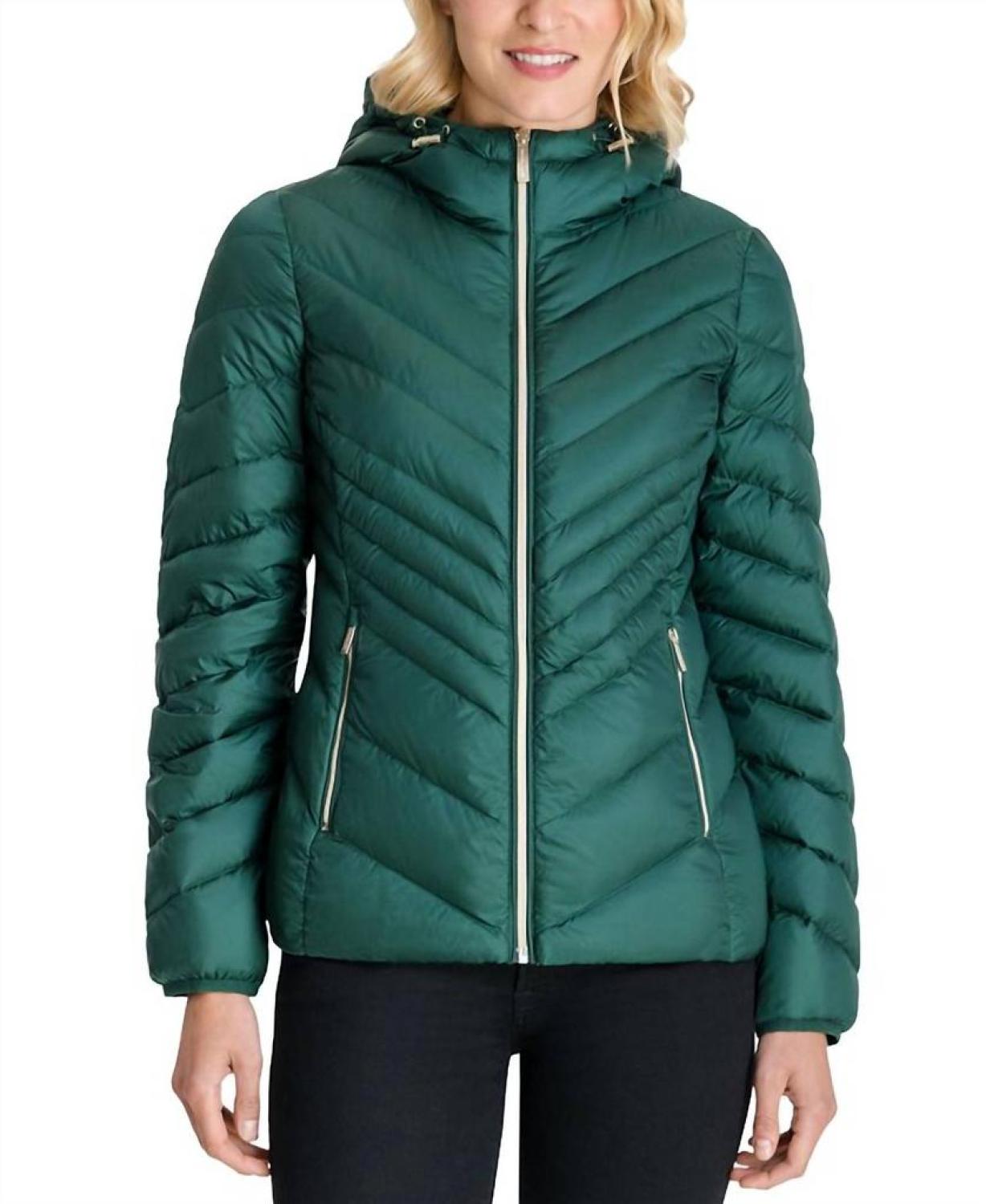 Women's Chevron Hooded Down Packable Coat In Green