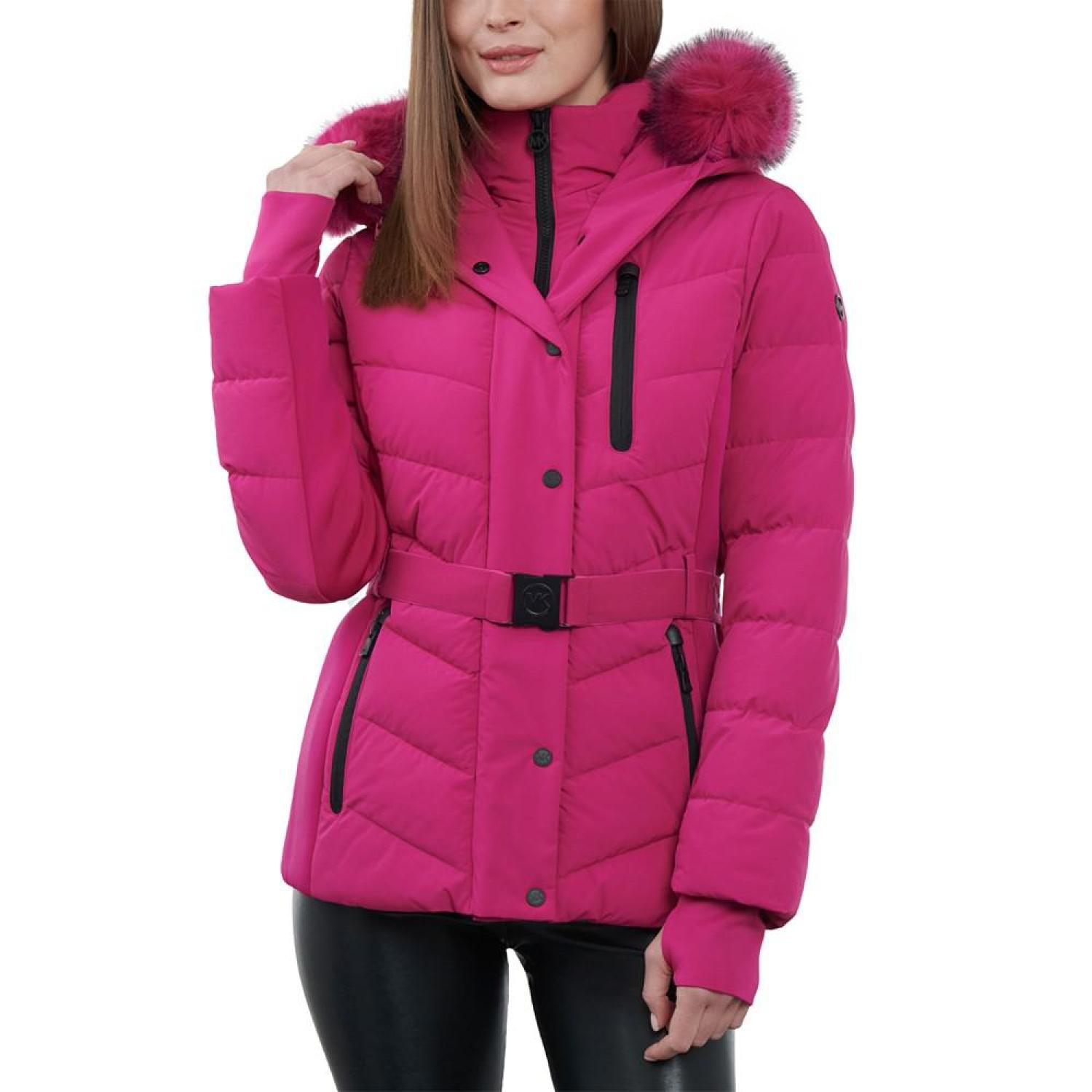 Pink puffer jacket 2024 with faux fur trim