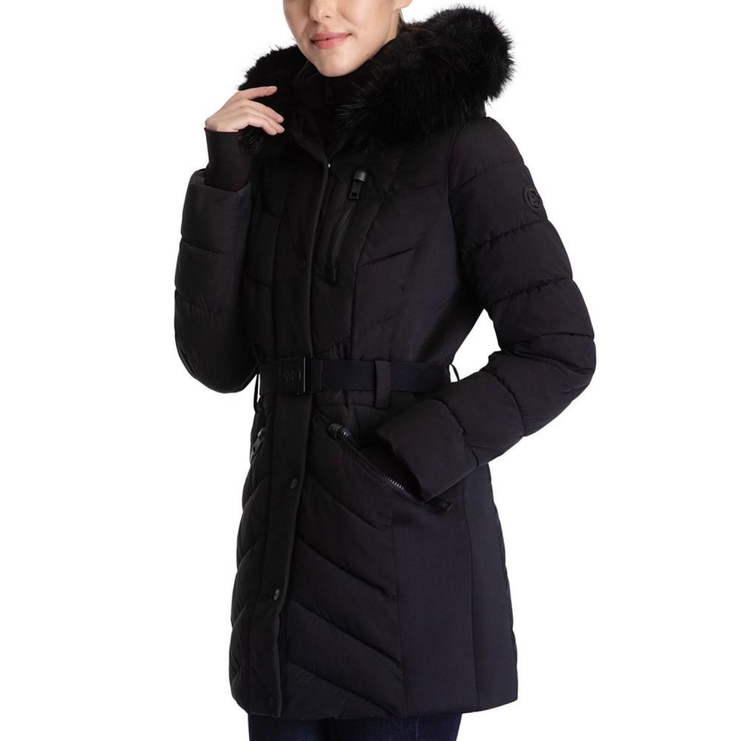 Women's Belted Faux-Fur-Trim Hooded Puffer Coat