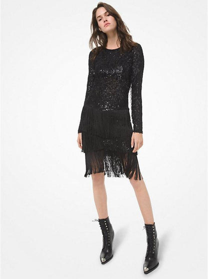 Sequin Embroidered Stretch Tulle Fringed Dress