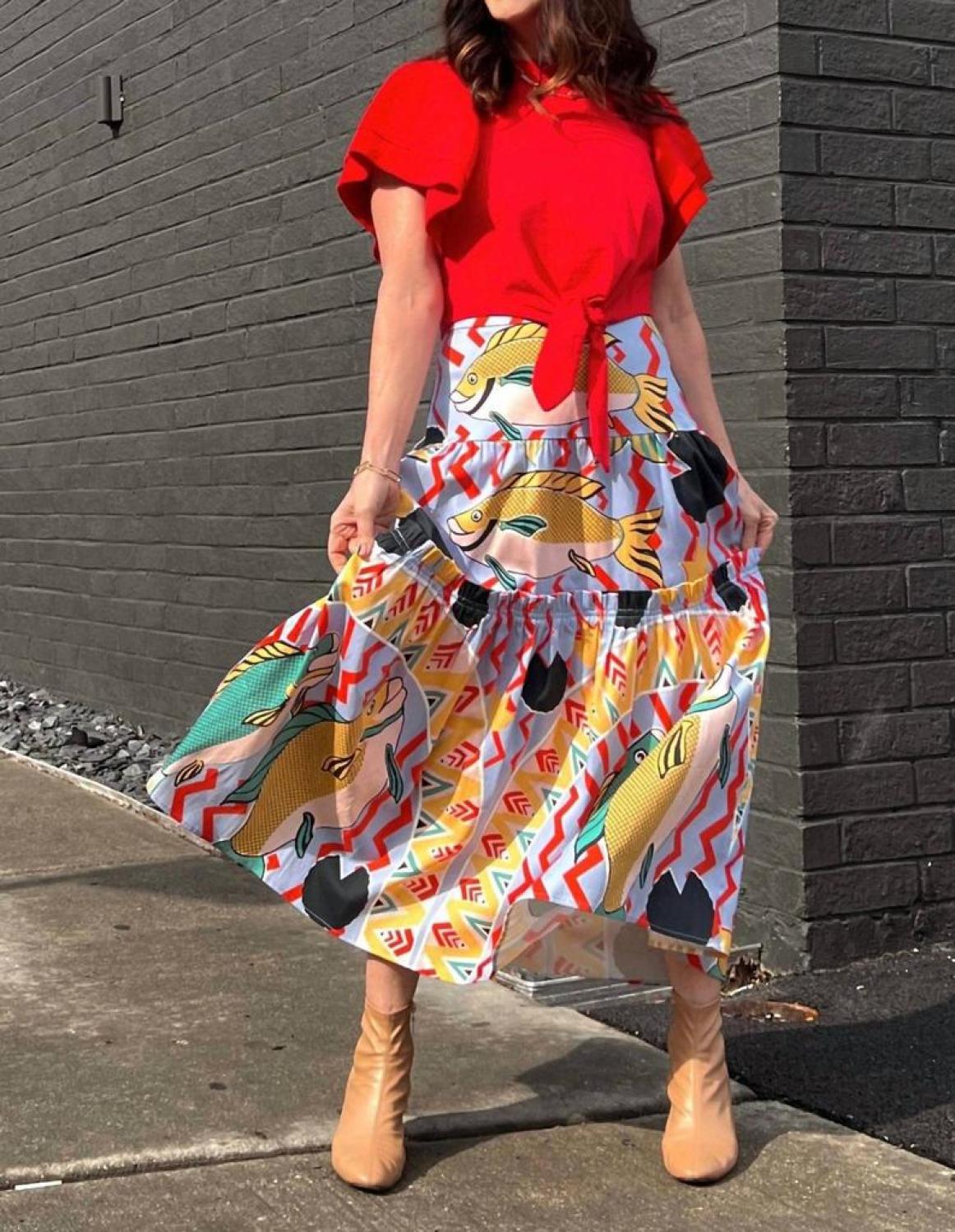 Fish Midi Tiered Skirt In Fun Art Print