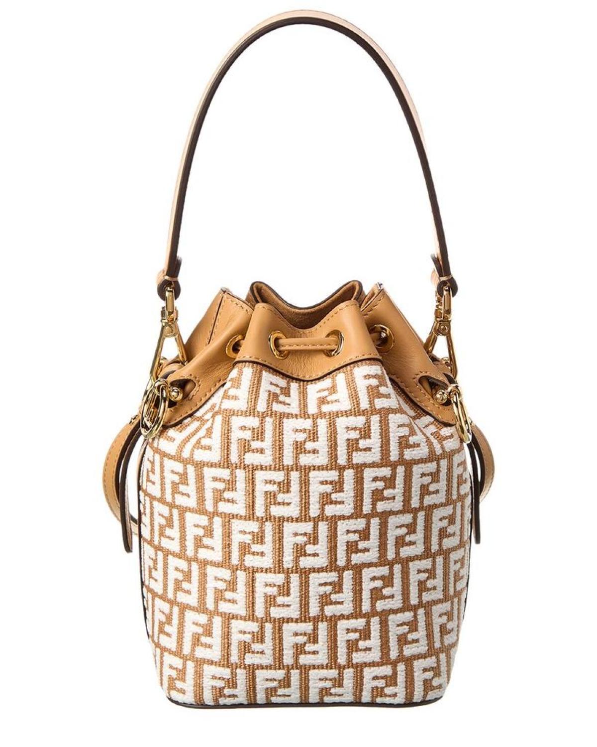 FENDI Mon Tresor Mini Raffia & Leather Bucket Bag