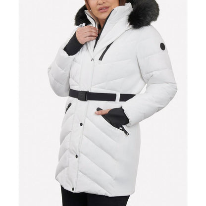 Women's Plus Size Belted Faux-Fur-Trim Hooded Puffer Coat, Created for Macy's