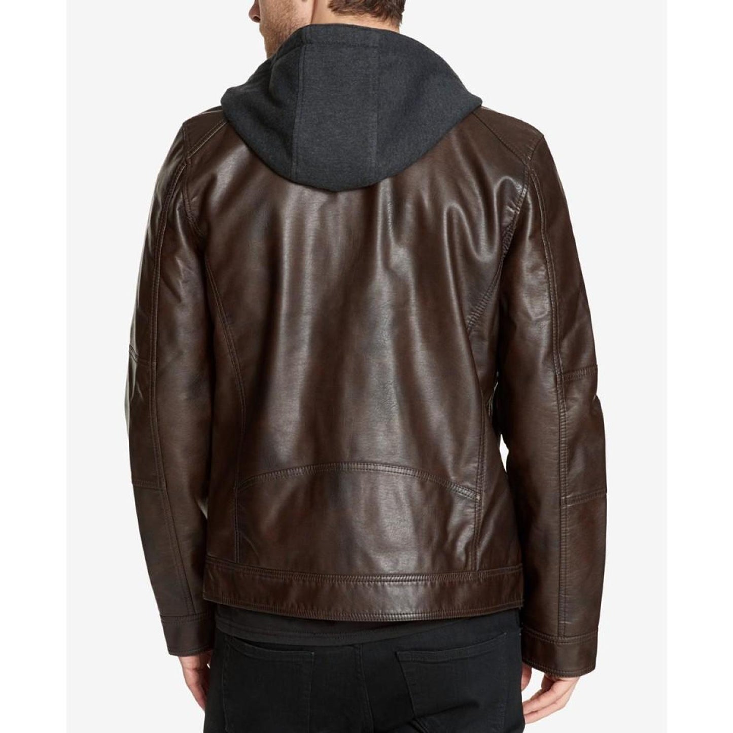 Men's Faux-Leather Detachable-Hood Motorcycle Jacket