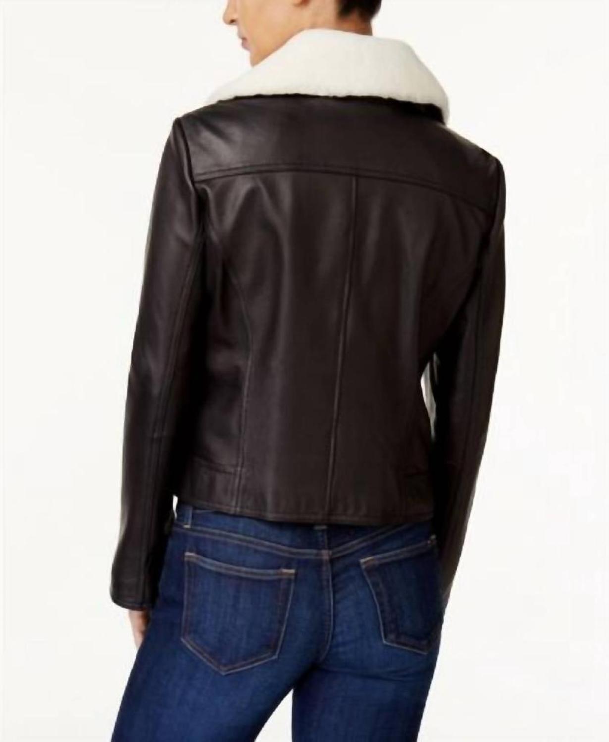 Shearling Collar Leather Jacket in Black