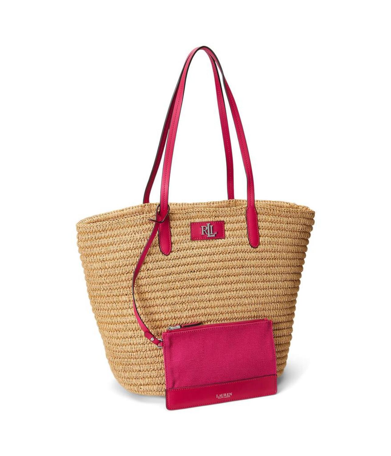 Brie Leather-Trim Straw Medium Tote Bag