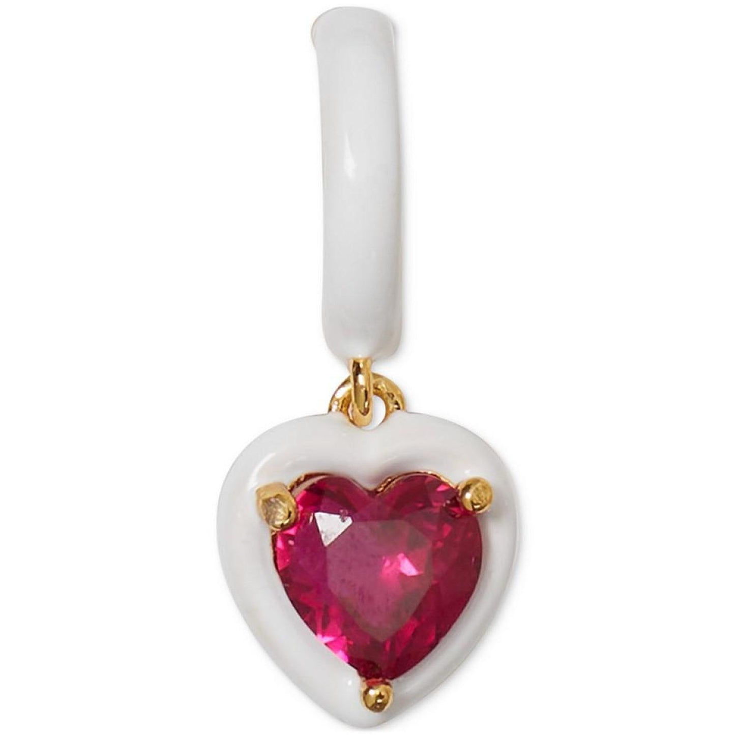 Gold-Tone White-Framed Red Crystal Heart Charm Huggie Hoop Earrings