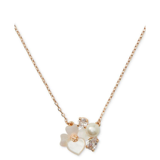 Gold-Tone Cubic Zirconia, Imitation Pearl & Mother-of-Pearl Flower Cluster Pendant Necklace, 17" + 3" extender