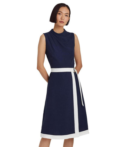 Belted Crepe Mock Neck Dress