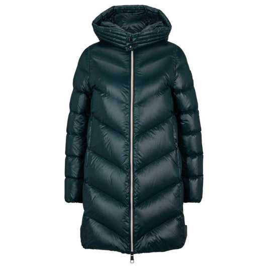 Longline quilted down jacket with oversize hood