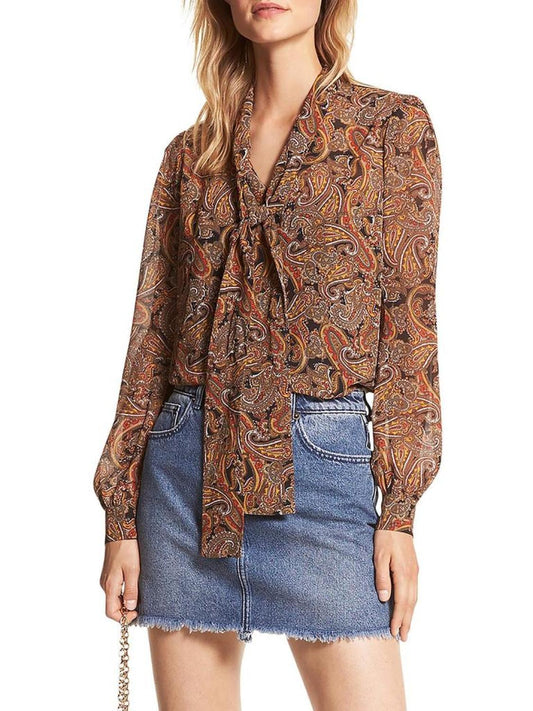 Womens Tie Back Paisley Button-Down Top