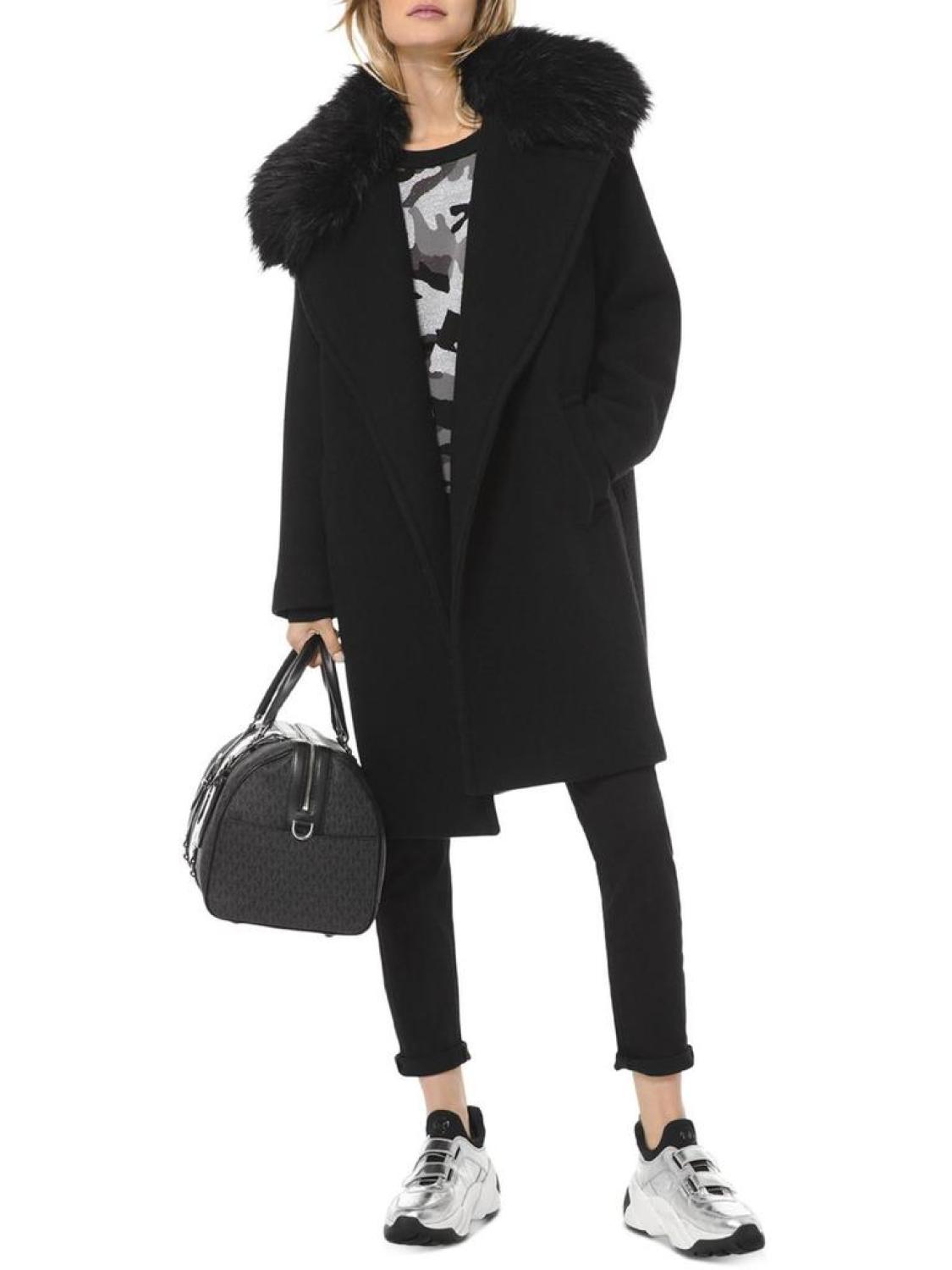 Womens Faux Fur Trim Midi Wool Coat