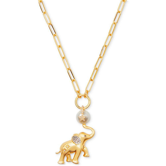 Gold-Tone Pavé & Imitation Pearl Elephant Pendant Necklace, 20" + 3" extender