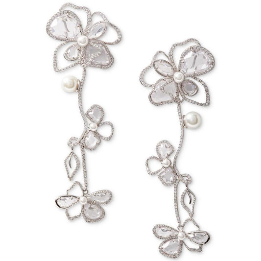 Silver-Tone Cubic Zirconia & Imitation Pearl Flower Statement Earrings